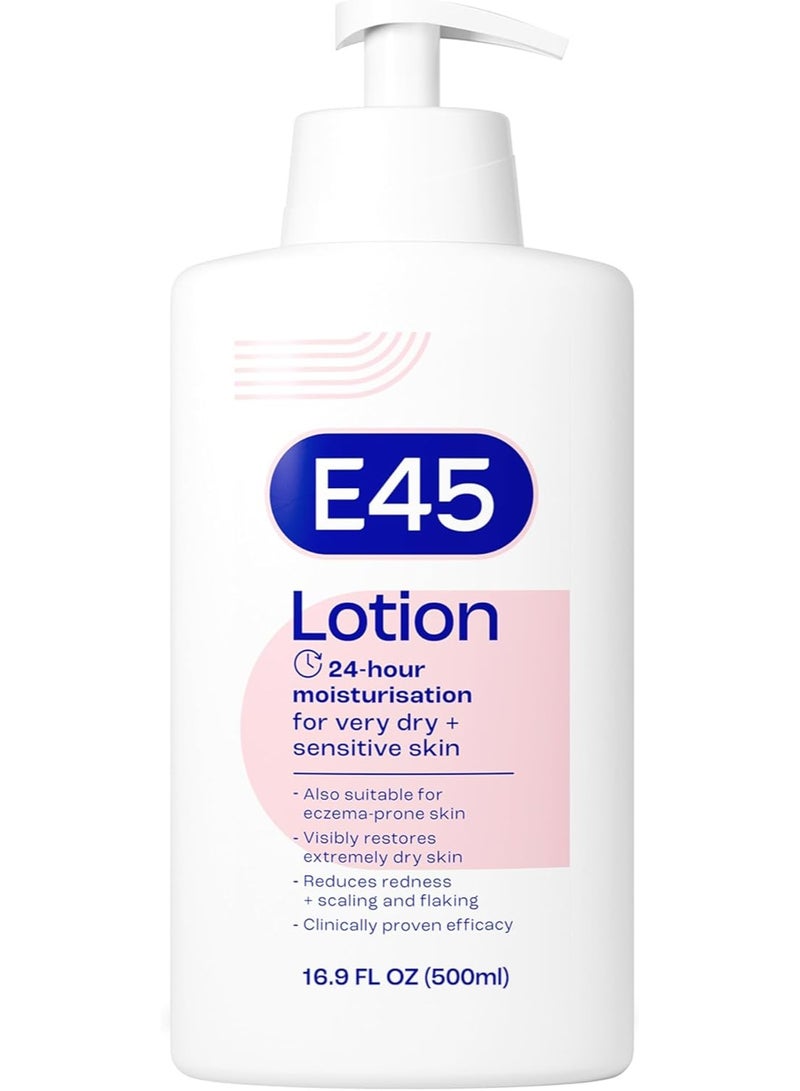 اي45 لوشن مرطب E45 سعة 500 مل للبشرة الجافة والحساسة - ترطيب يدوم طويلاً، يحمي من الجفاف، ويقلل الاحمرار - لوشن مرطب للجسم من أطباء الجلدية - لوشن للجسم - مرطب يومي - Image 1